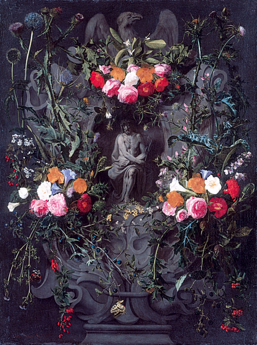 Blumengirlande mit Christus in der Rast